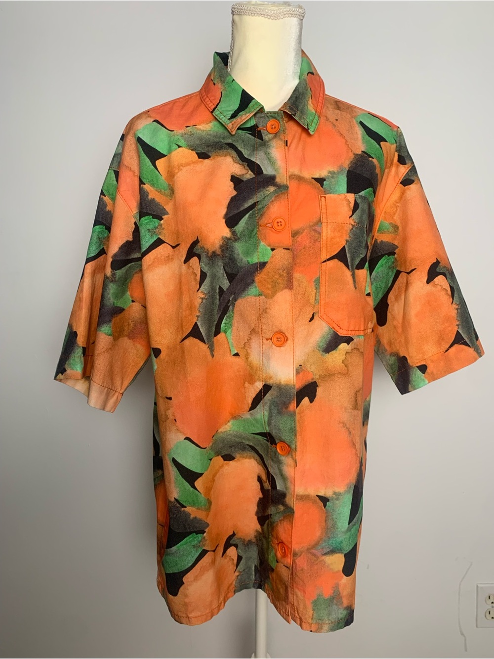 Topshop Woman’s S Button Up Orange Green Shirt 100% cotton Short Sleeve Pocket
